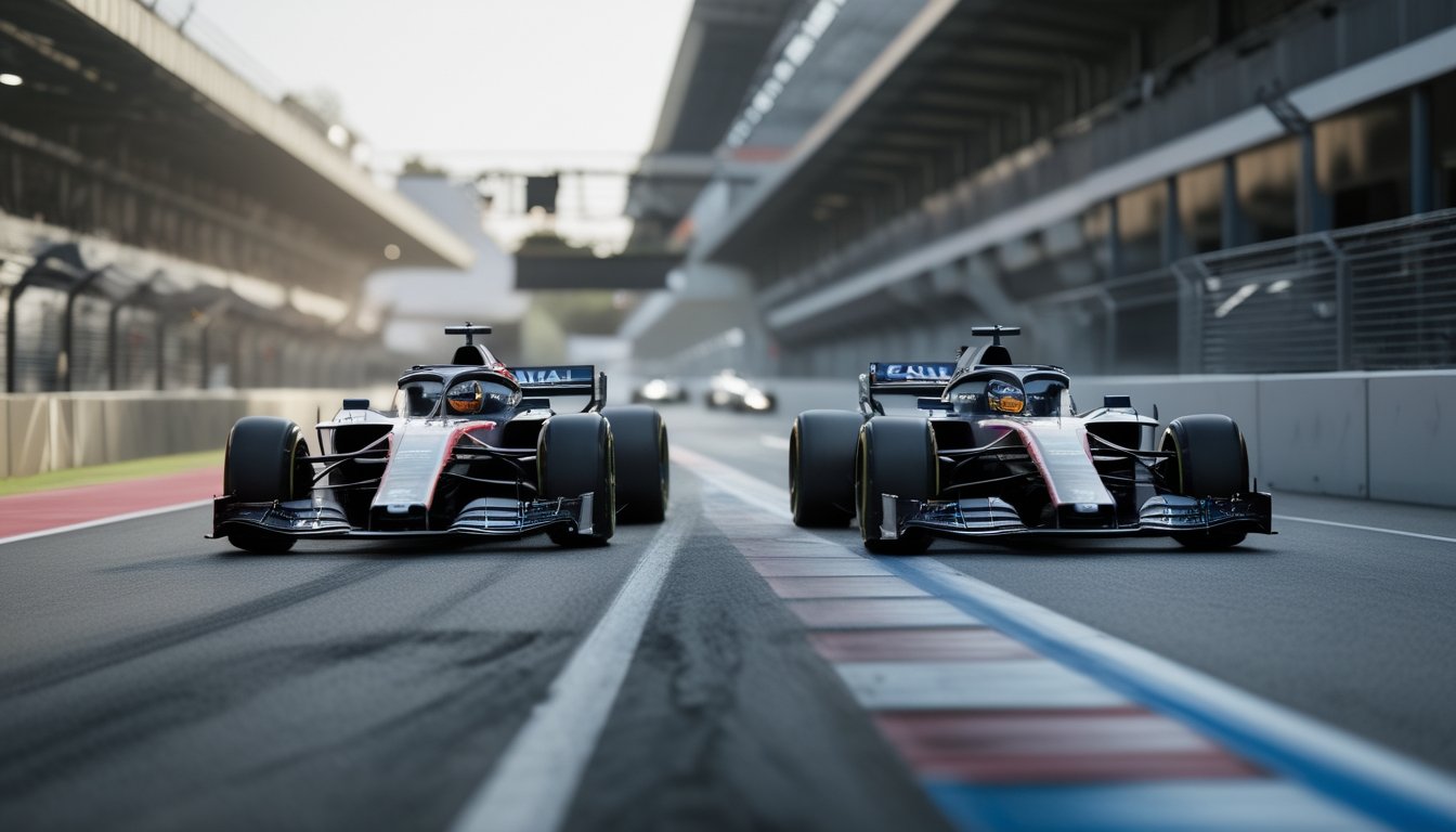 Dua mobil Formula 1 melaju berdampingan di tikungan sirkuit, menggambarkan persaingan antarpembalap.