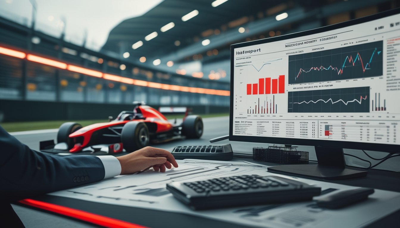 Seorang analis mengamati grafik peluang dan mobil balap Formula 1 di ruang kerja modern.