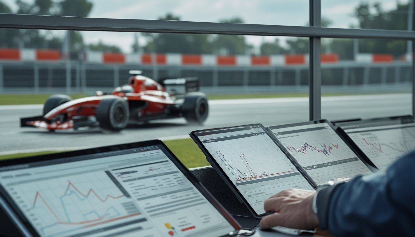 Analis mempelajari grafik abstrak di area pit sambil melihat mobil Formula 1 melaju di lintasan.