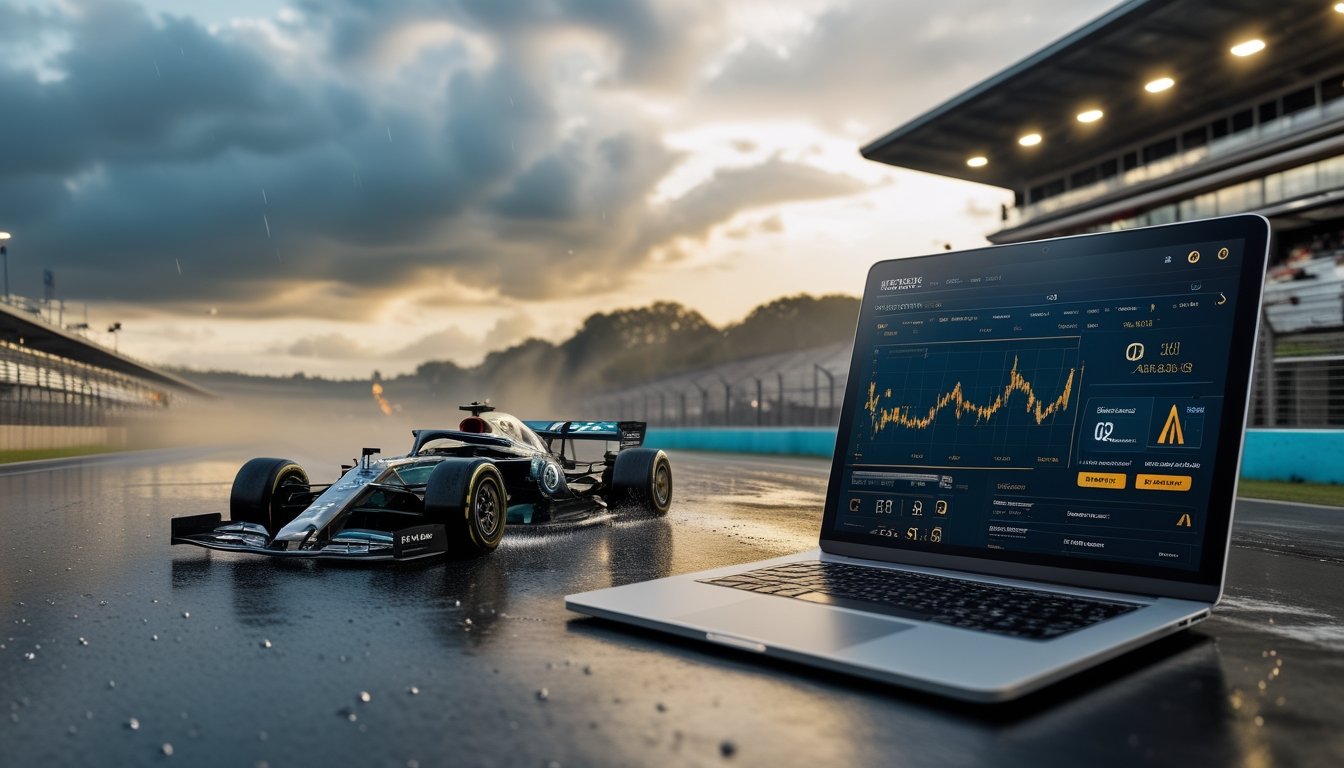 Mobil Formula 1 melaju di lintasan basah sementara seorang analis mengamati data cuaca dan balapan.