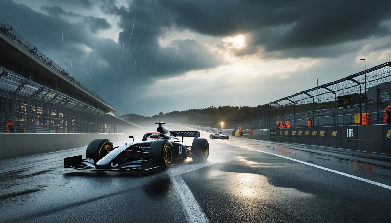 Mobil Formula 1 melaju di lintasan basah saat hujan turun, sementara kru pit menyiapkan strategi ban.