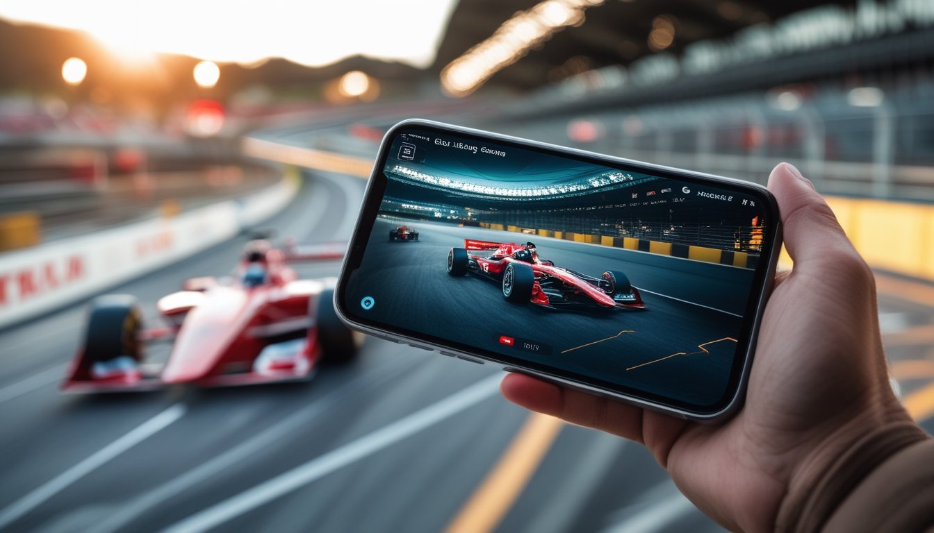 Seseorang memegang ponsel yang menampilkan mobil balap Formula 1 di lintasan bercahaya.
