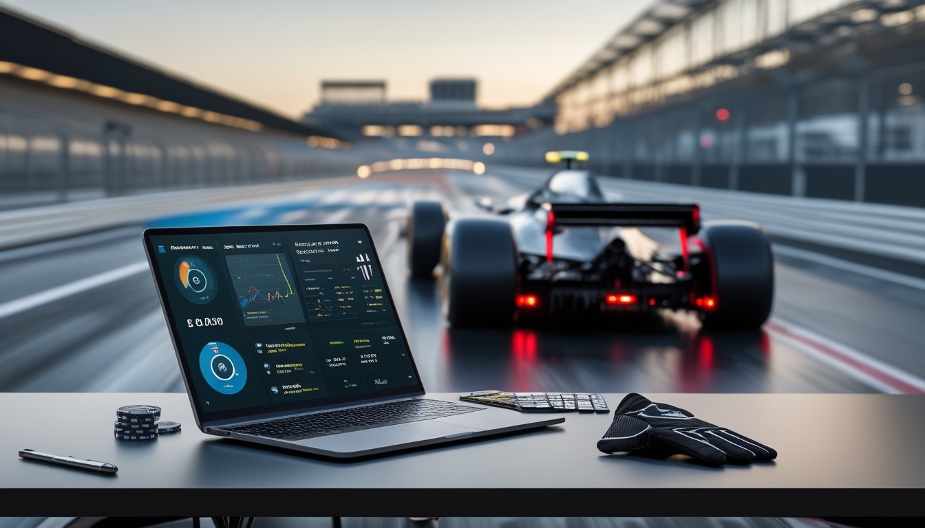 Mobil Formula 1 melaju di sirkuit dengan tampilan analisis strategi balapan di meja depan.