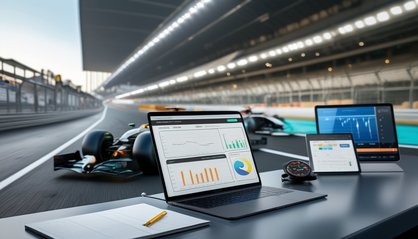 Mobil Formula 1 melaju di tikungan sirkuit dengan laptop dan perlengkapan analisis balap di meja depan.