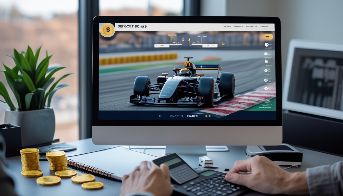 Meja kerja dengan laptop menampilkan antarmuka balap Formula 1, ponsel, kalkulator, dan koin bonus.