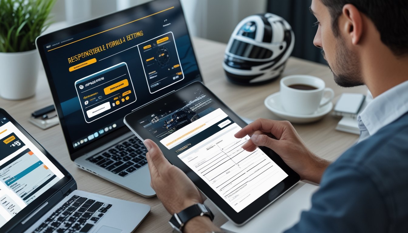 Seseorang meninjau informasi bonus taruhan Formula 1 di ruang kerja modern dengan laptop, tablet, dan miniatur mobil balap.