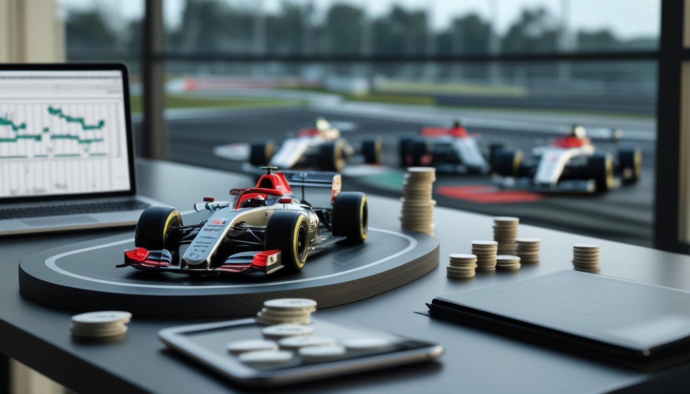 Meja kerja dengan miniatur mobil Formula 1, kelompok dana yang dipisahkan, kalkulator, dan perlengkapan perencanaan keuangan.