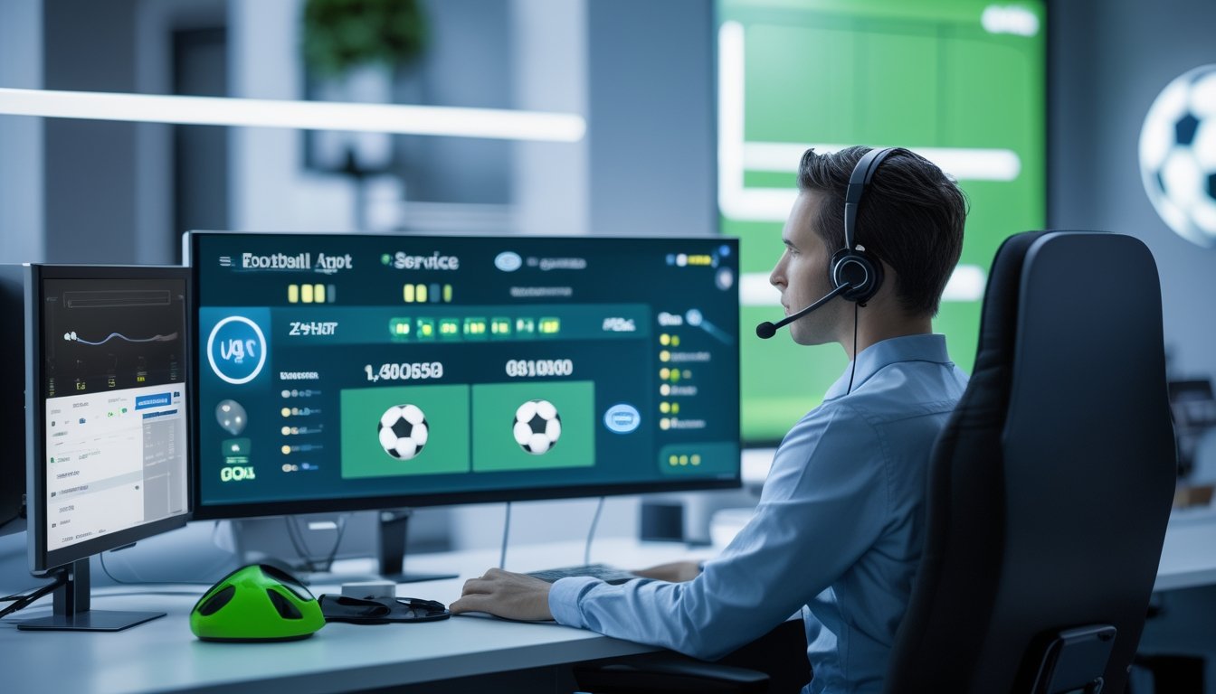 Petugas layanan pelanggan memakai headset membantu pengguna di pusat operasi digital dengan tampilan sepak bola di layar.