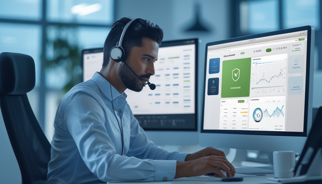 Petugas layanan pelanggan memeriksa dasbor keamanan dan dukungan platform olahraga digital di kantor modern.