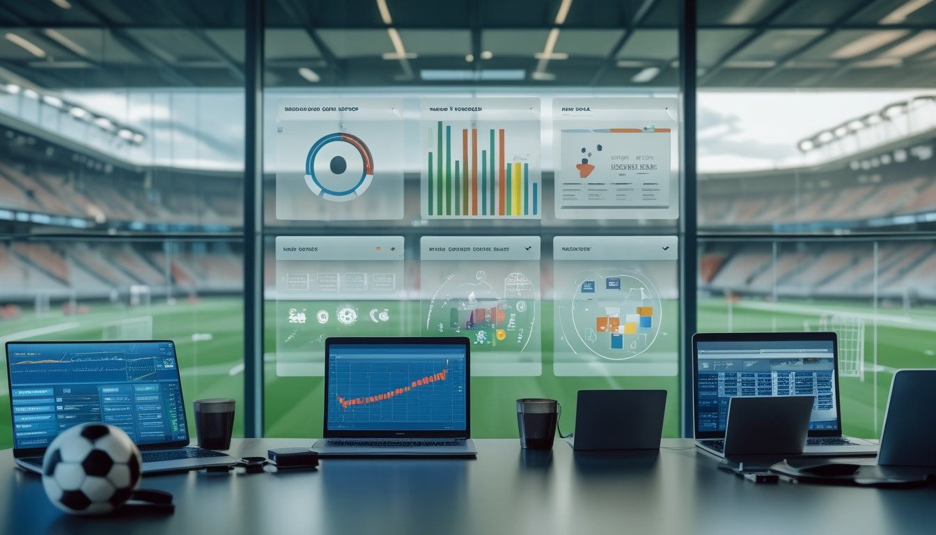 Analis dewasa meninjau data pertandingan sepak bola di ruang kerja modern dengan bola dan stadion di latar belakang.