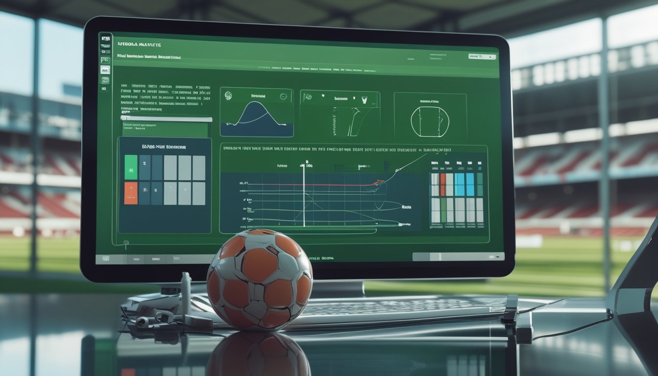 Analis sepak bola meninjau diagram taktik dan grafik data pertandingan di studio modern dengan bola di latar depan.