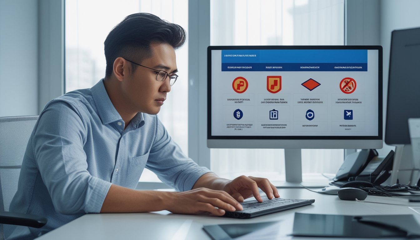 Seseorang memeriksa platform olahraga daring sambil membandingkan tanda keamanan dan peringatan penipuan.