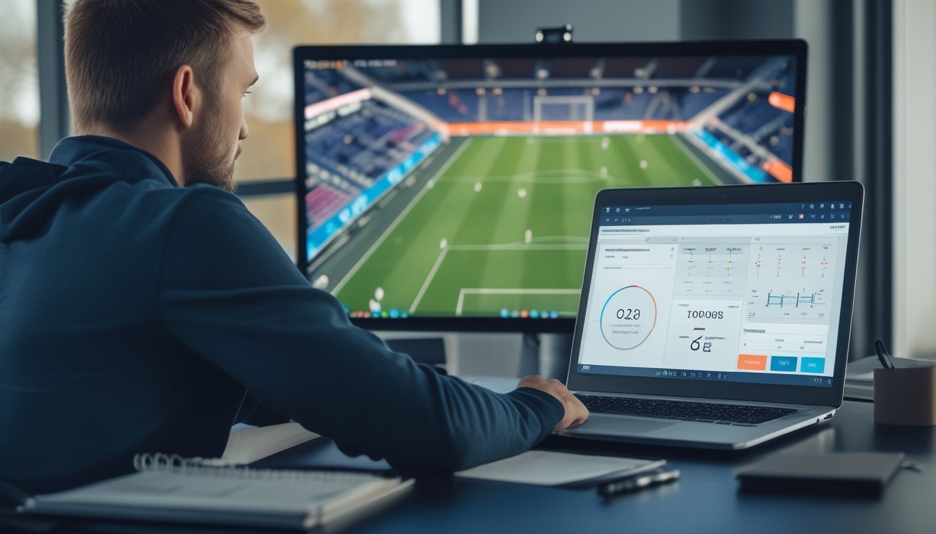Analis dewasa mengamati pertandingan sepak bola langsung dan grafik statistik di ruang kerja modern.