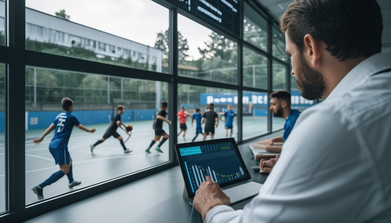 Seseorang menganalisis pertandingan sepak bola jalanan secara langsung menggunakan tablet dan ponsel.