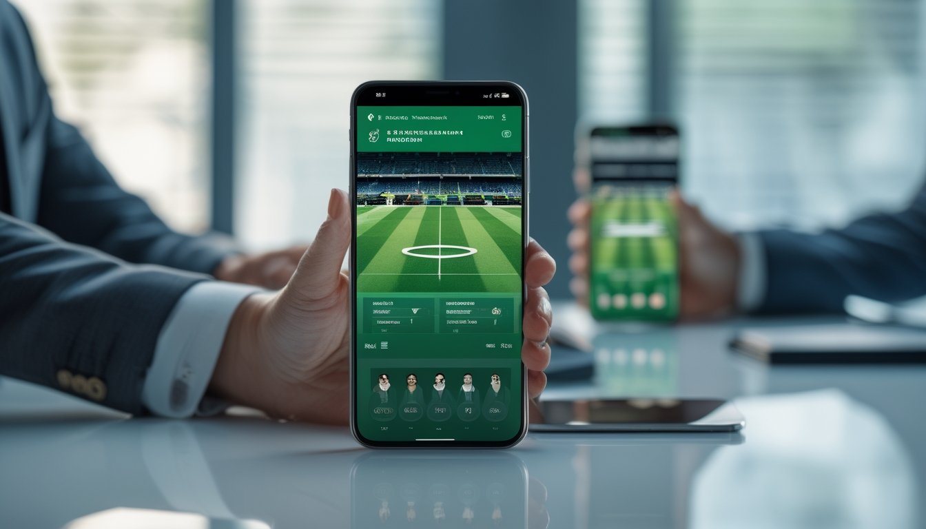 Seseorang menggunakan ponsel pintar dengan tampilan aplikasi pertandingan sepak bola.