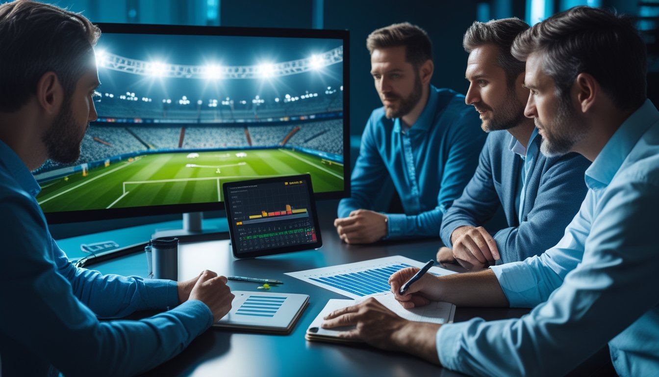 Sekelompok analis olahraga meninjau data pertandingan sepak bola di ruang kerja modern pada malam hari.