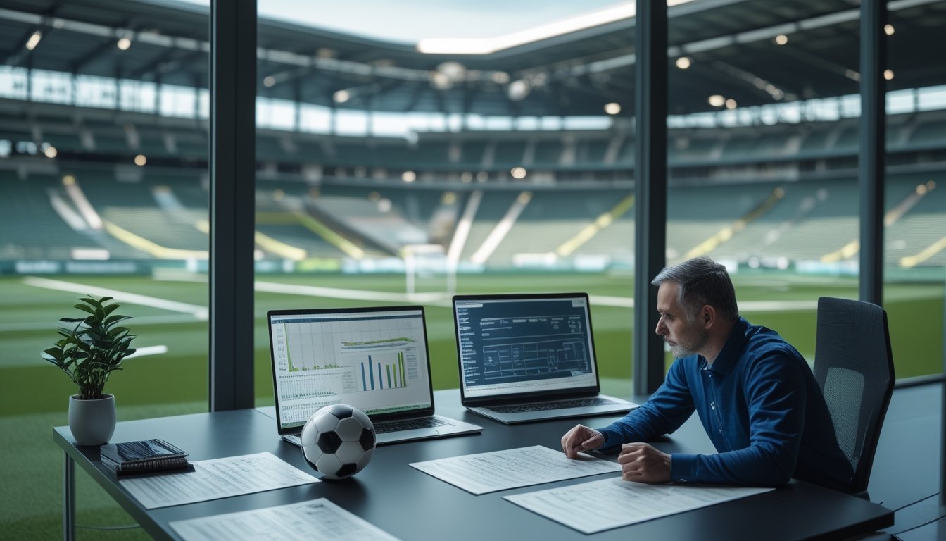 Analis olahraga mempelajari statistik pertandingan sepak bola di ruang kerja modern dengan stadion terlihat di latar belakang.