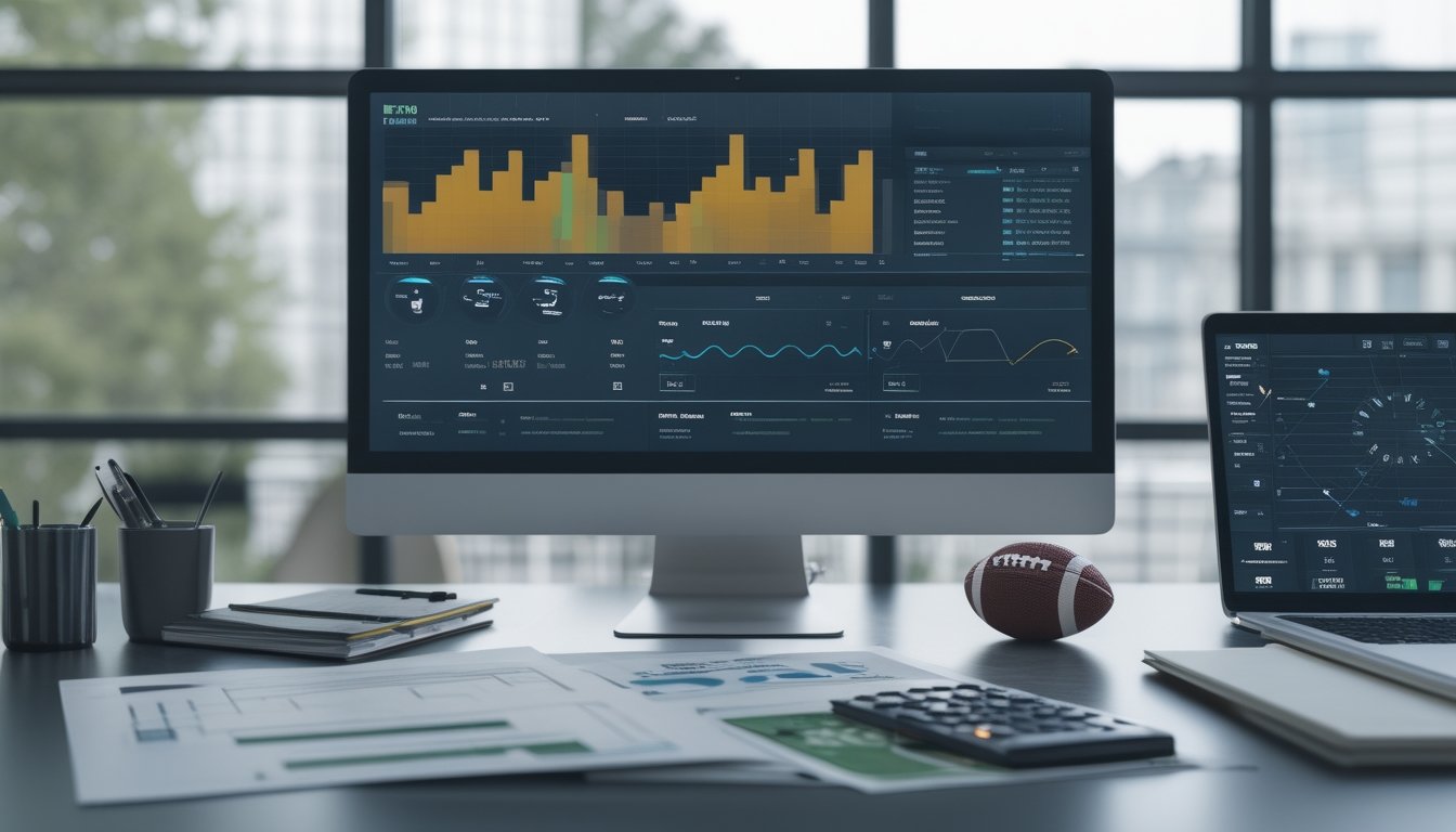 Analis sepak bola mempelajari data pertandingan di meja kerja modern.