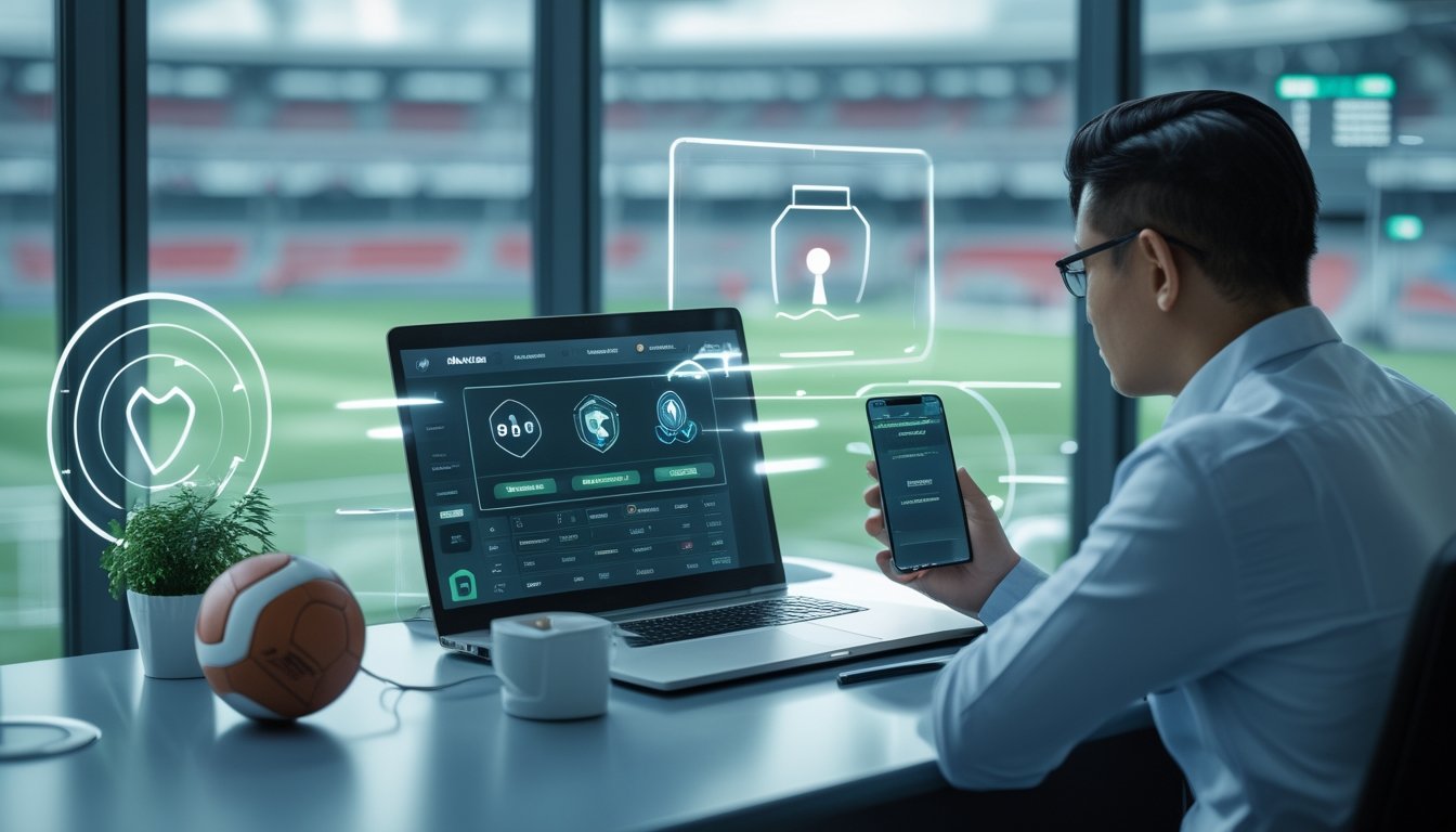 Seorang profesional menggunakan laptop dengan simbol keamanan digital dan bola di meja, berlatar suasana stadion.