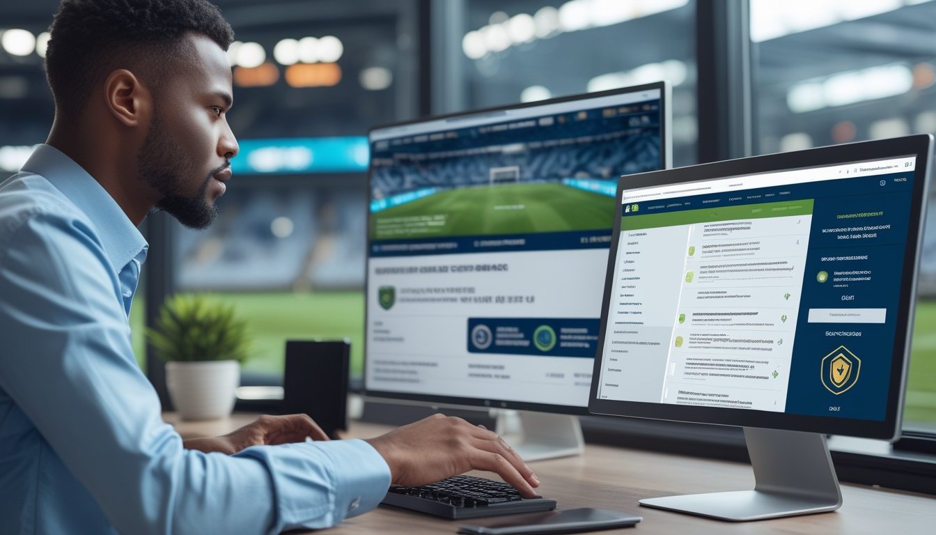 Profesional memeriksa dokumen lisensi dan keamanan platform taruhan bola daring di ruang kerja modern.