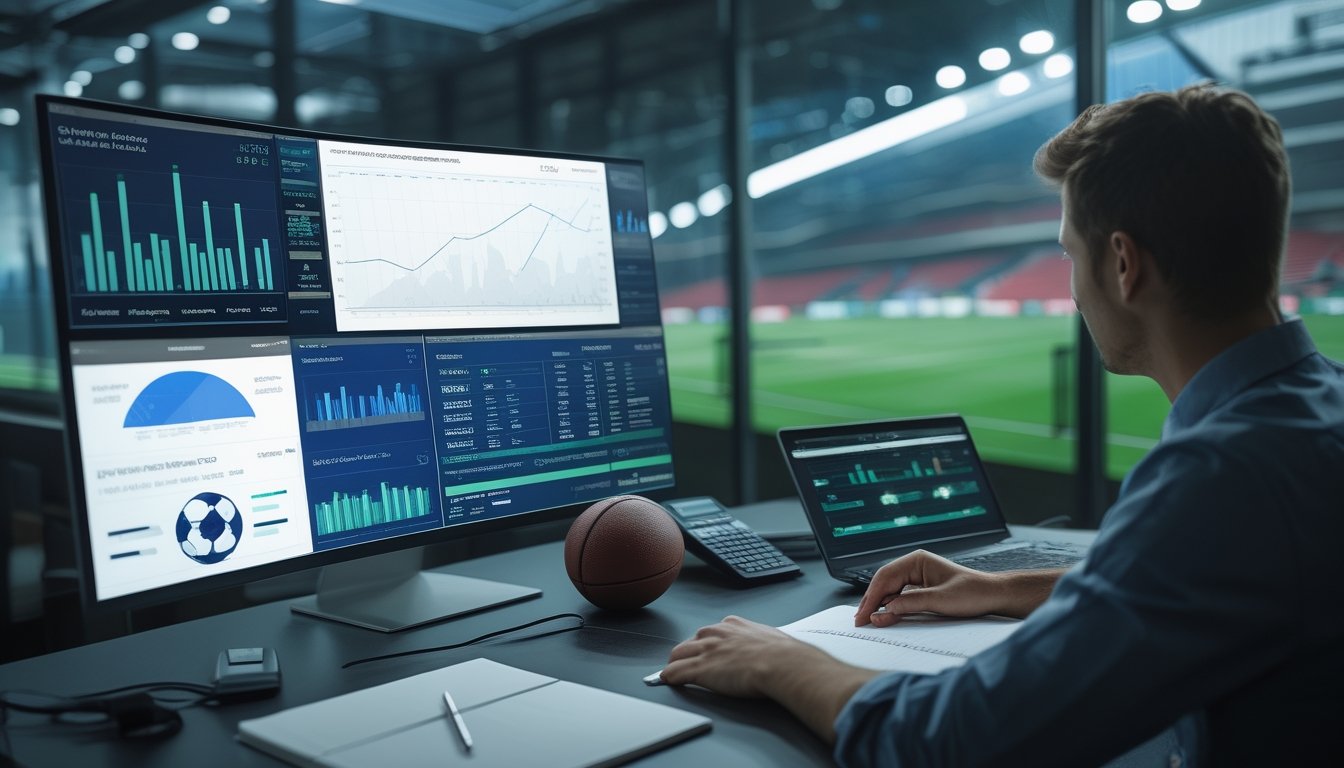Analis sepak bola mempelajari grafik statistik pertandingan di ruang kerja modern dengan bola sepak di dekatnya.