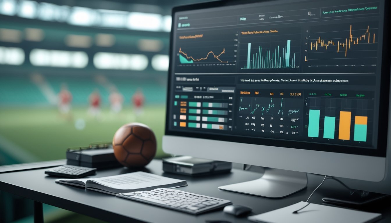 Ruang kerja analisis olahraga dengan grafik statistik pertandingan sepak bola dan stadion yang tampak samar di latar belakang.