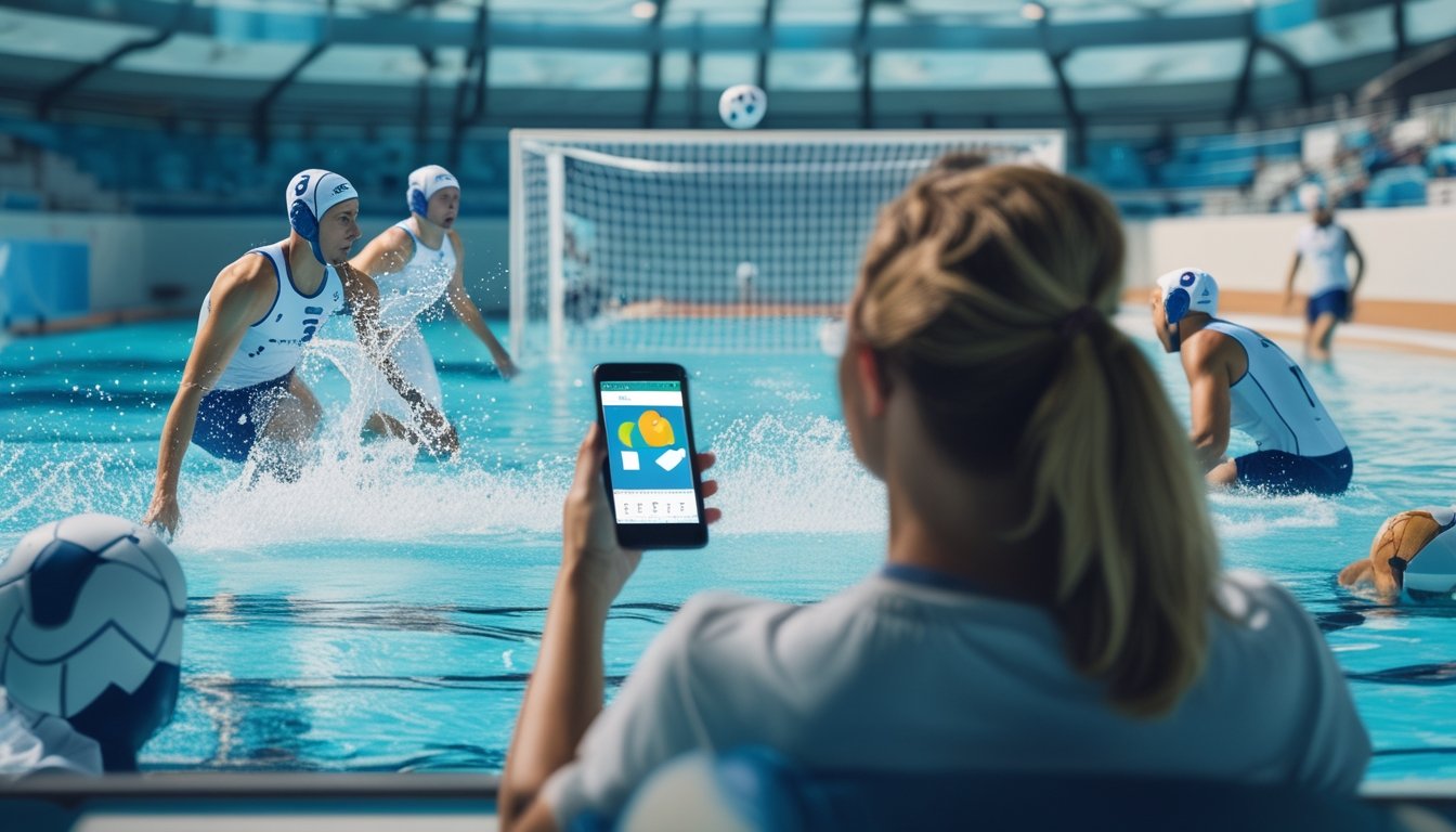 Pertandingan polo air berlangsung di kolam indoor, sementara penonton melihat ponsel dari tepi arena.