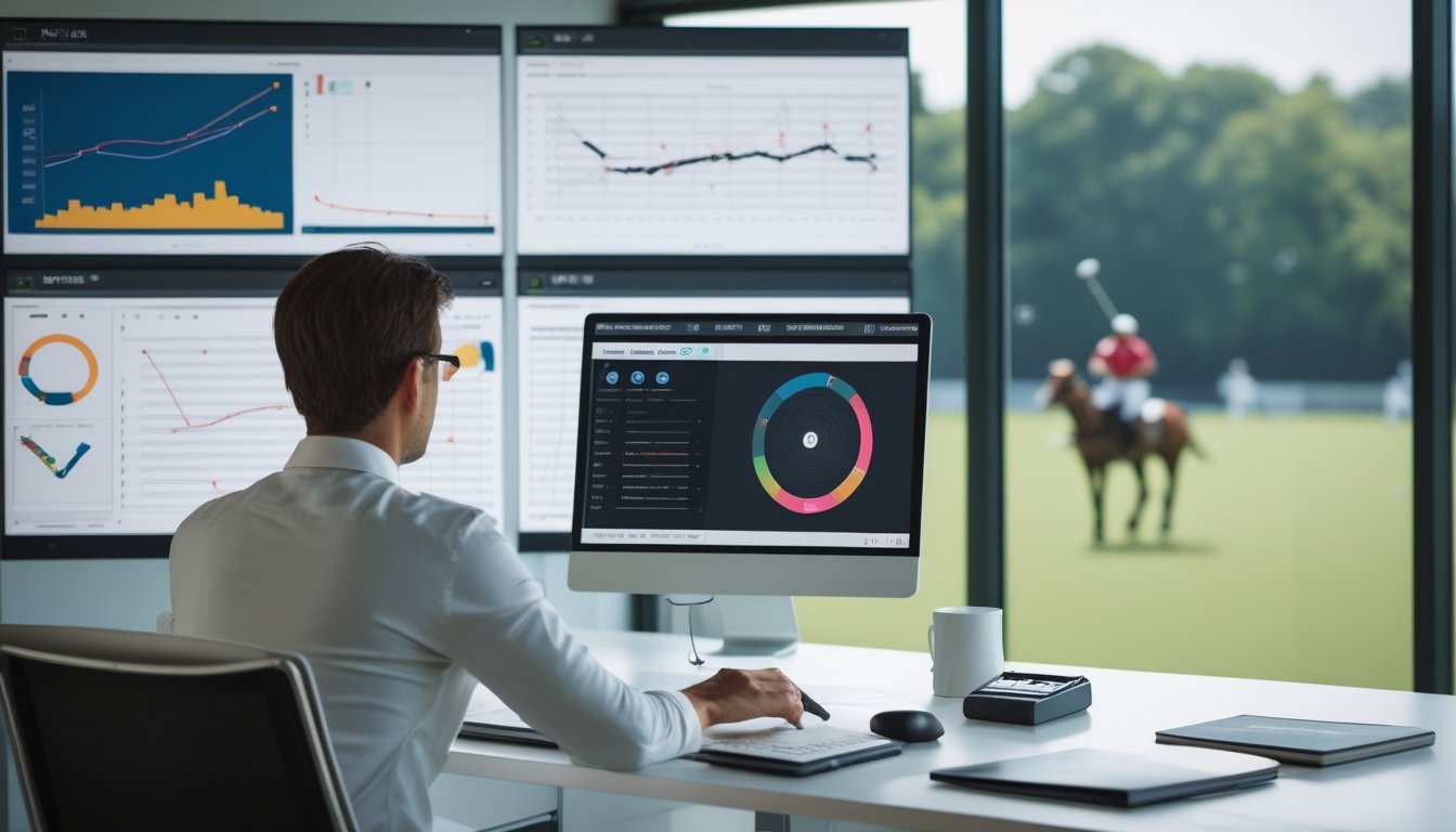 Seorang analis mempelajari data pertandingan polo di depan layar, dengan pertandingan polo tampak di latar belakang.