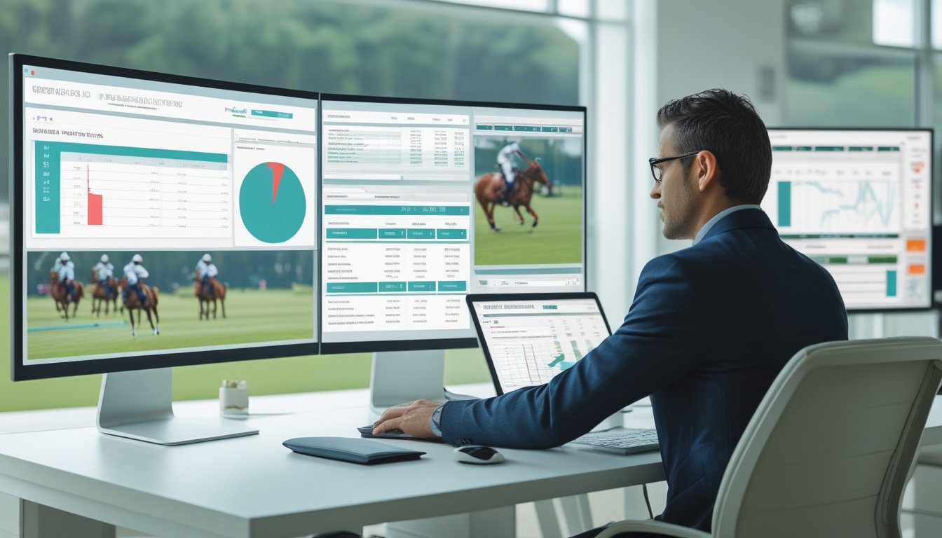 Analis olahraga memeriksa statistik pertandingan polo di meja kerja dengan lapangan polo terlihat di latar belakang.