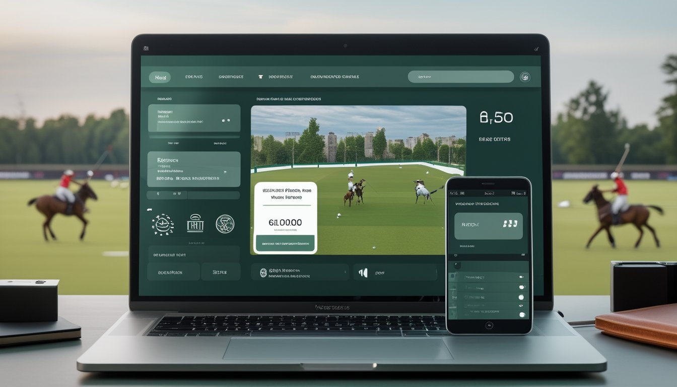 Laptop dan ponsel menampilkan antarmuka digital bertema polo dengan ikon dompet elektronik dan pembayaran bank, berlatar lapangan polo.