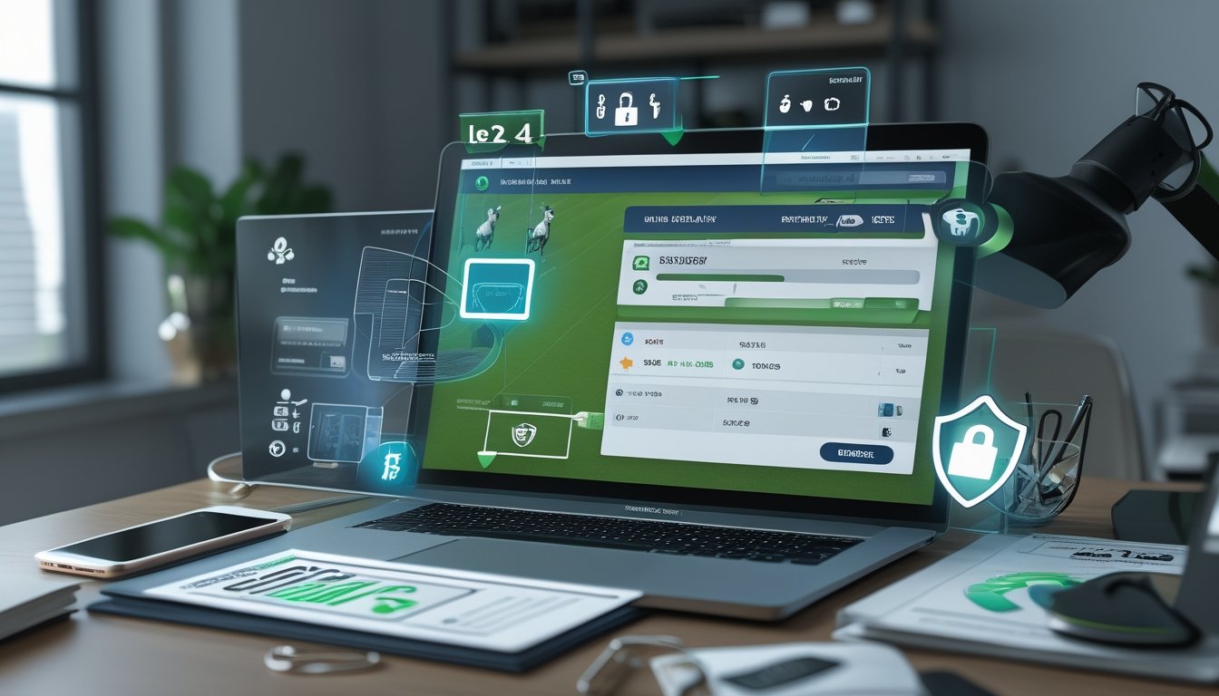 Meja kerja modern dengan laptop menampilkan pertandingan polo, ponsel, kartu bank, dokumen, serta simbol keamanan digital.