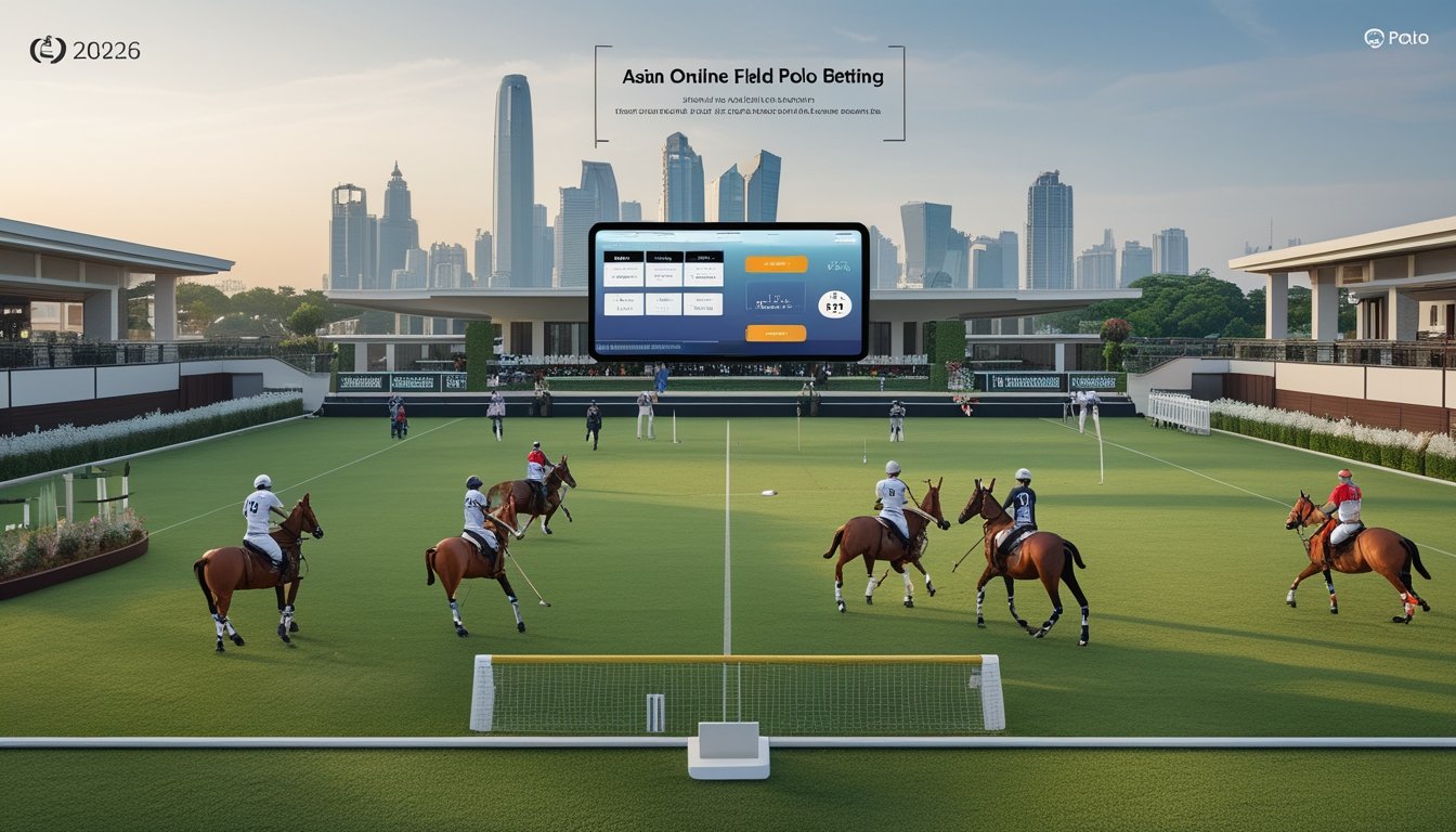 Pertandingan polo lapangan berlangsung di depan gedung klub modern dengan suasana kota Asia.
