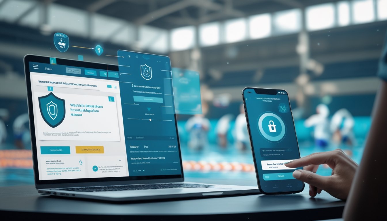 Pengguna memeriksa transaksi digital yang aman di laptop dan ponsel dengan latar pertandingan polo air.