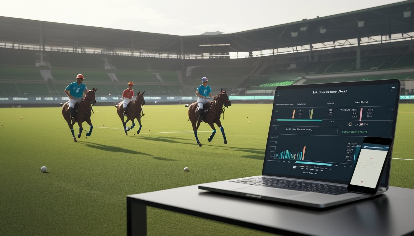 Pertandingan polo sedang berlangsung di lapangan hijau dengan perangkat digital yang menampilkan analisis olahraga.