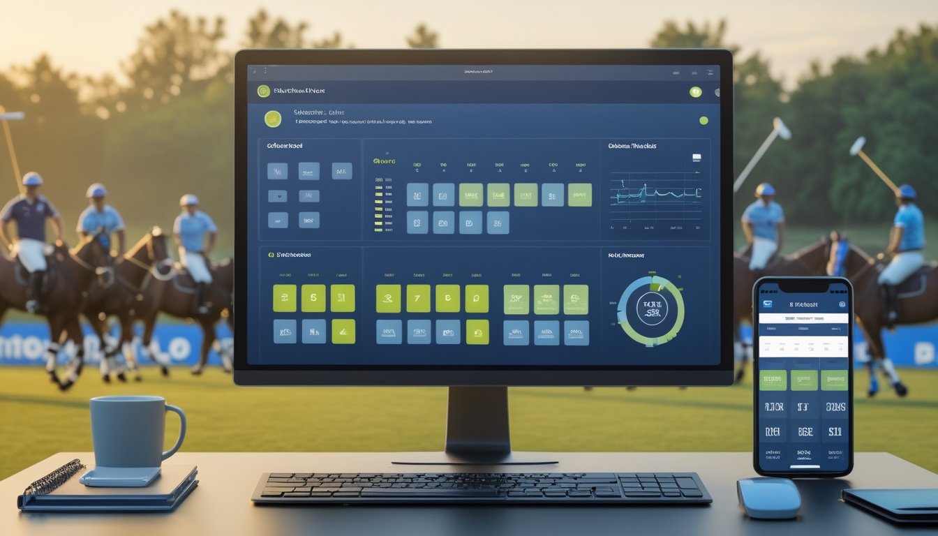 Pemain polo bertanding di lapangan dengan laptop dan ponsel yang menampilkan jadwal serta analisis pertandingan.
