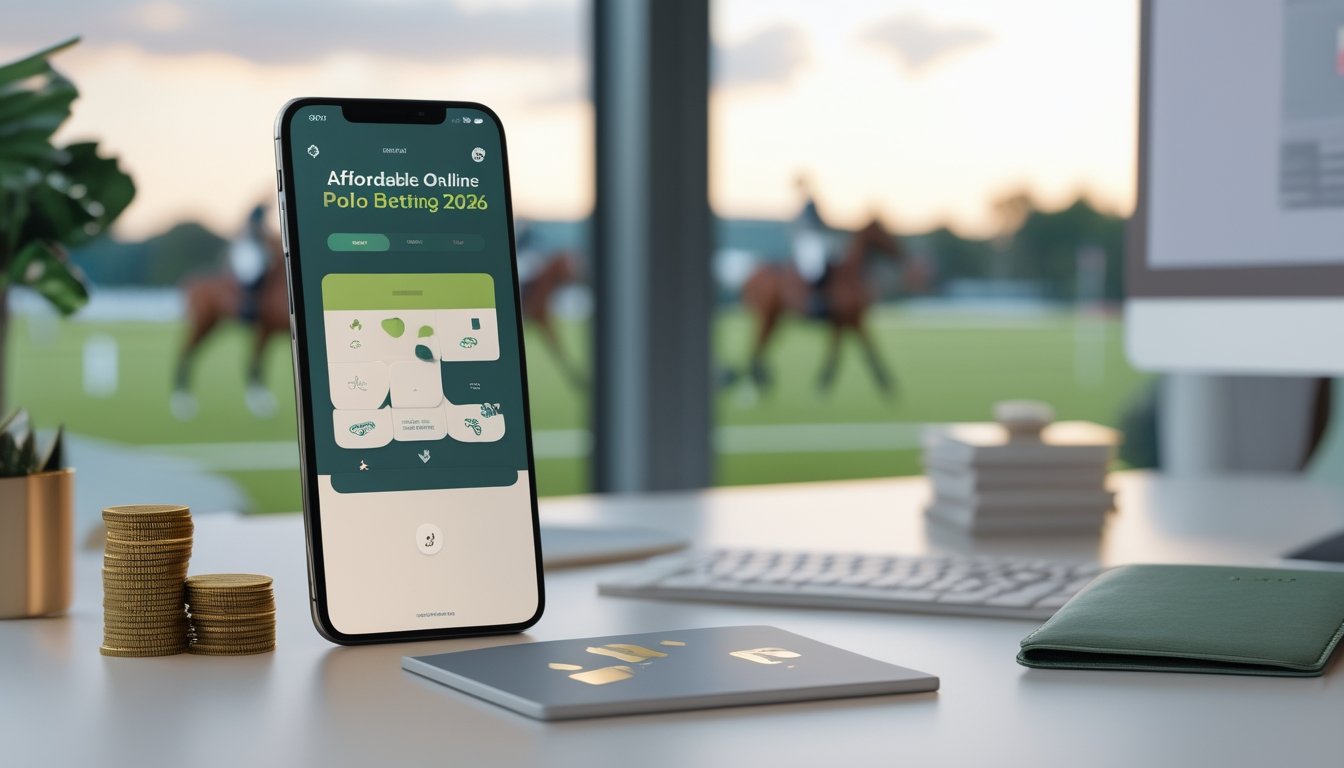Ponsel menampilkan antarmuka polo digital di atas meja dengan koin dan lapangan polo berkuda di latar belakang.
