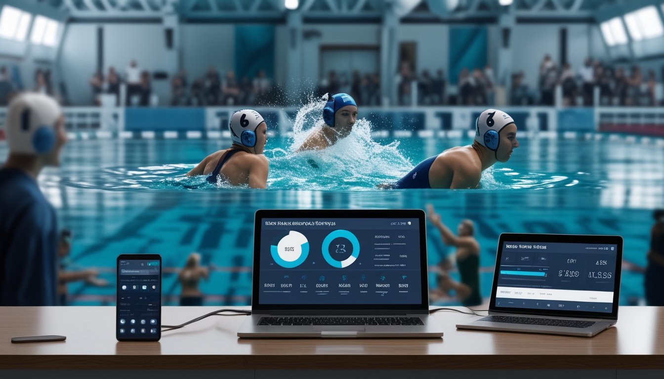 Pertandingan polo air berlangsung di kolam indoor dengan laptop dan ponsel yang menampilkan analisis pertandingan.
