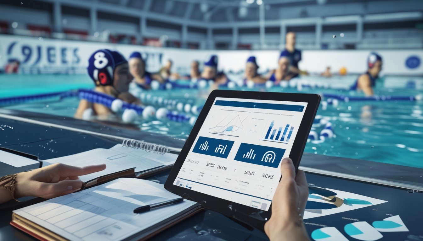 Pertandingan polo air profesional dengan tablet berisi grafik analisis abstrak di tepi kolam.
