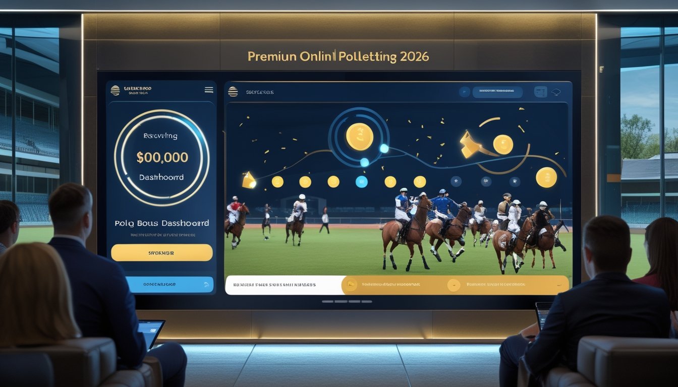 Sekelompok orang mengamati pertandingan polo dan tampilan bonus digital di ruang olahraga modern.