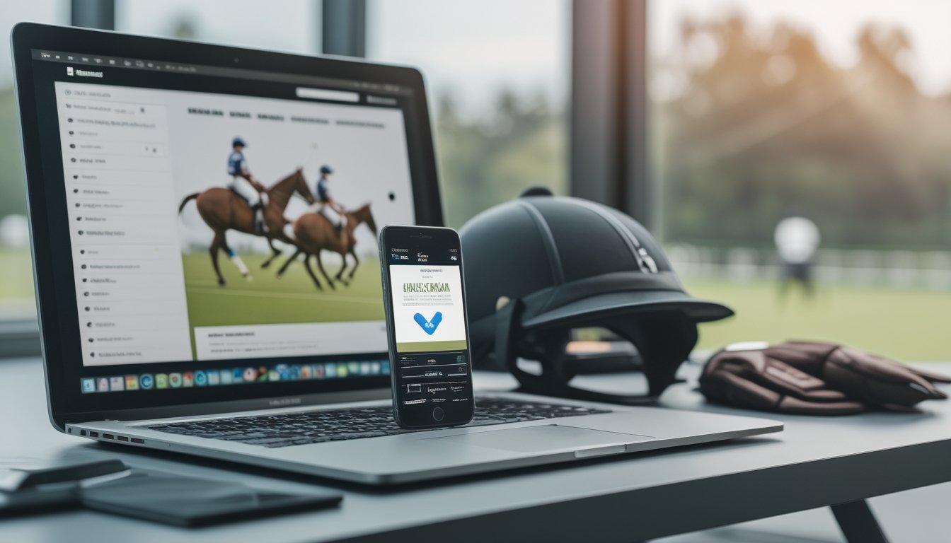Laptop dan ponsel menampilkan antarmuka situs bertema polo dengan perlengkapan olahraga polo di atas meja.