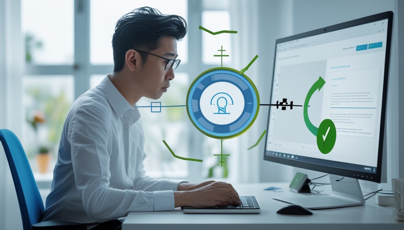 Seseorang memeriksa tautan yang tidak dapat diakses di laptop dan mencari jalur alternatif yang aman.