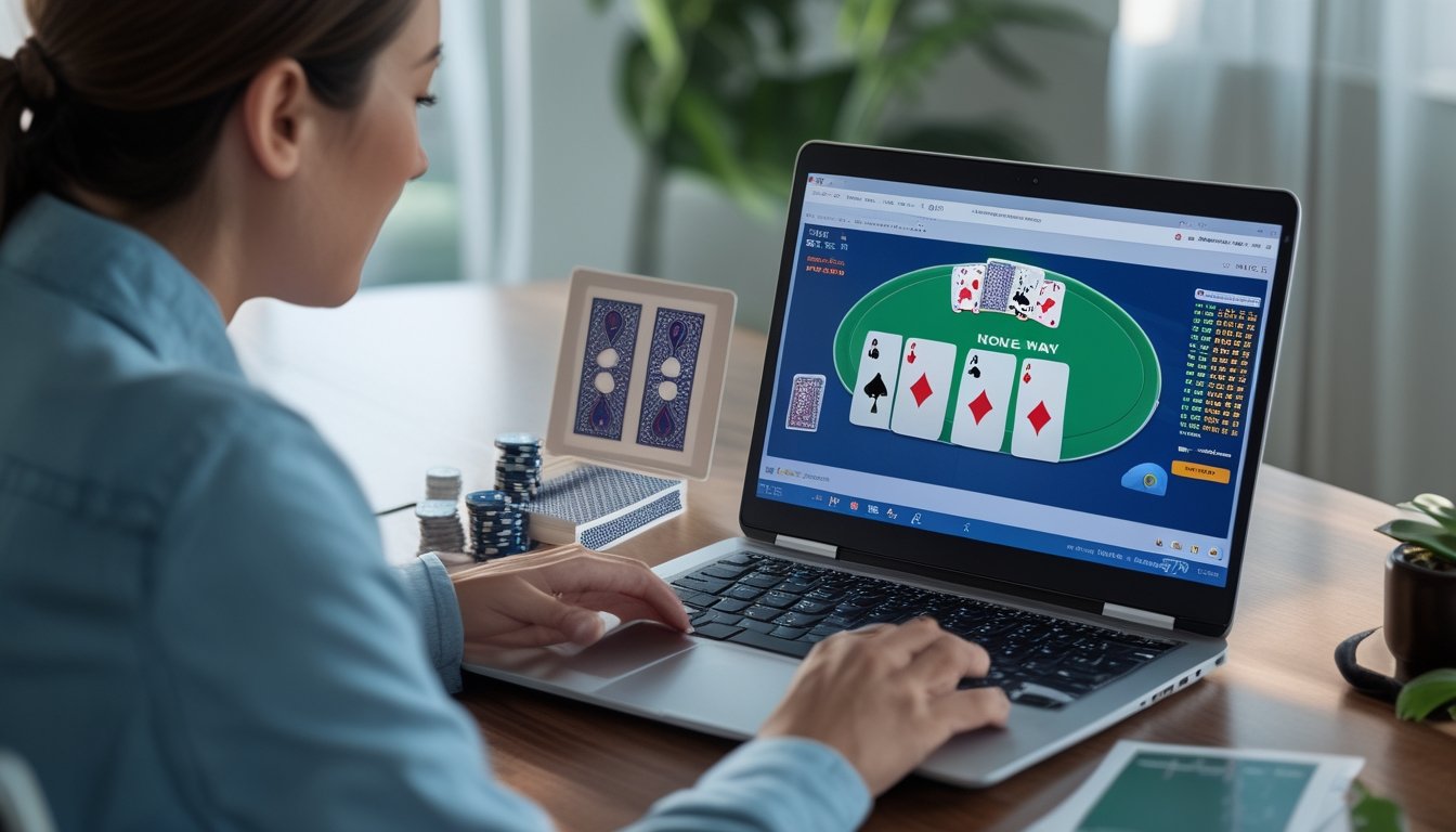 Seorang pemula mempelajari Pai Gow Poker online di laptop dengan kartu dan chip poker di atas meja.
