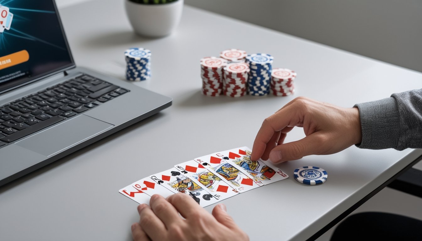 Tangan pemula menyusun kartu Pai Gow Poker menjadi dua susunan di depan laptop dan keping poker.