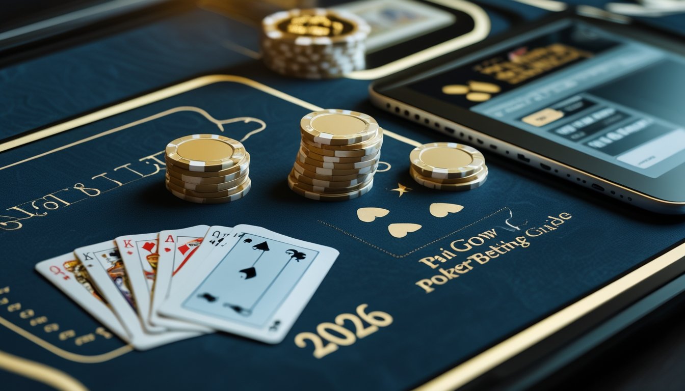 Meja permainan dengan kartu Pai Gow Poker, keping kasino, dan perangkat digital tanpa tulisan.
