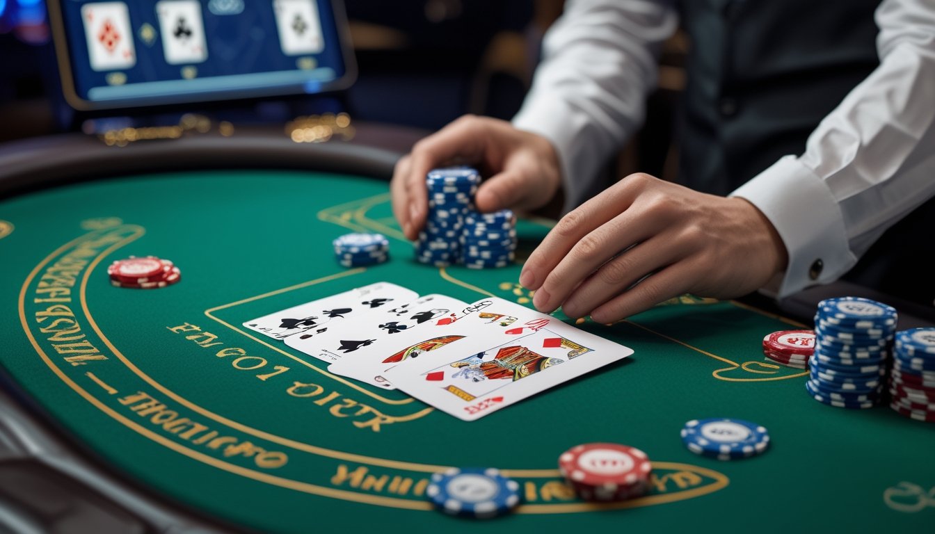Tangan dealer menyusun kartu Pai Gow Poker menjadi kombinasi lima kartu dan dua kartu di atas meja kasino hijau.