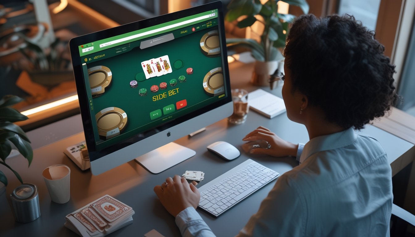 Seorang pemain dewasa menganalisis permainan Pai Gow Poker daring di meja kerja dengan kartu virtual, keping poker, kalkulator, dan buku catatan kosong.