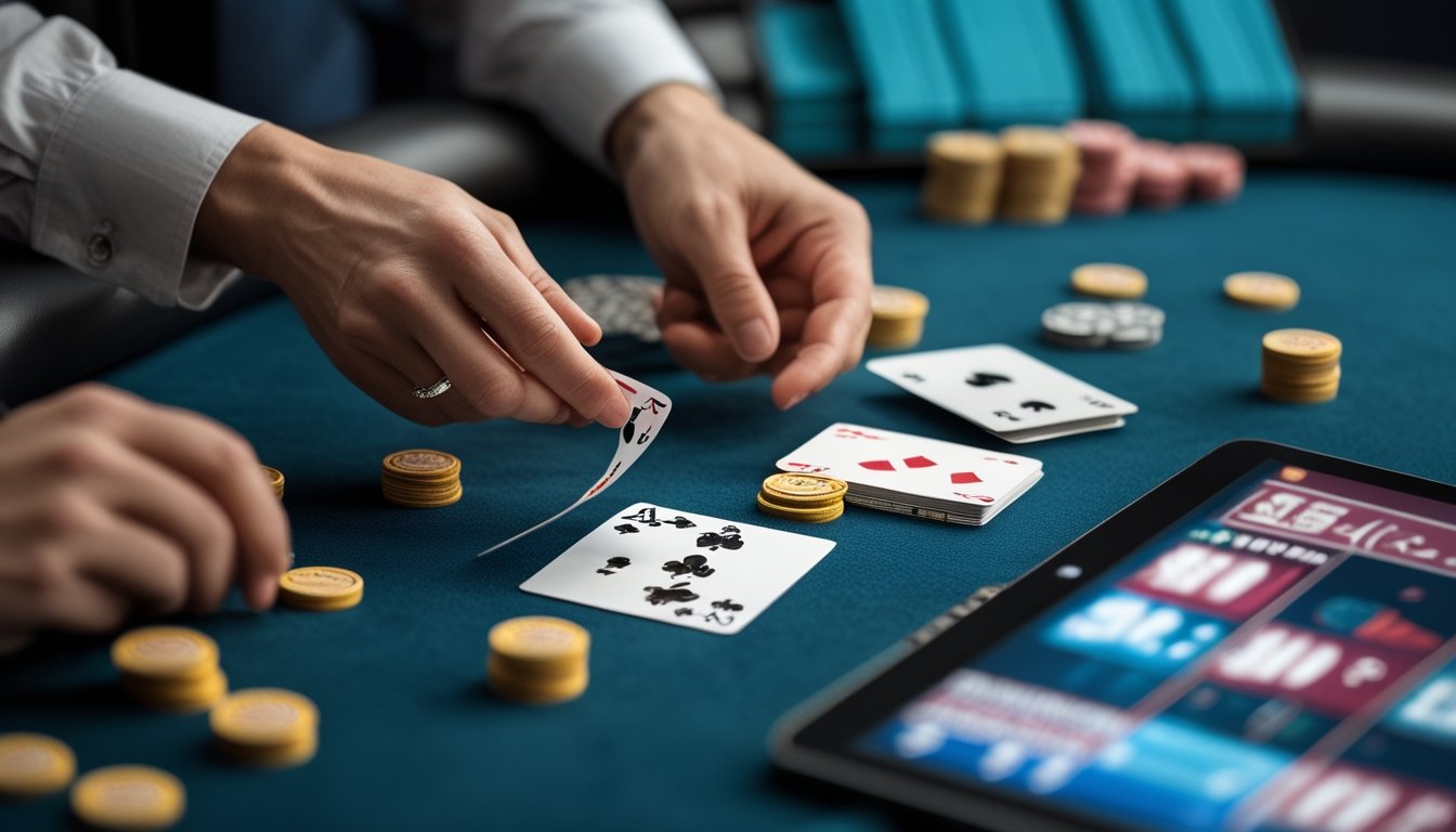 Tangan pemain menyusun kartu Pai Gow Poker di meja dengan keping taruhan dan perangkat yang menampilkan analisis peluang.