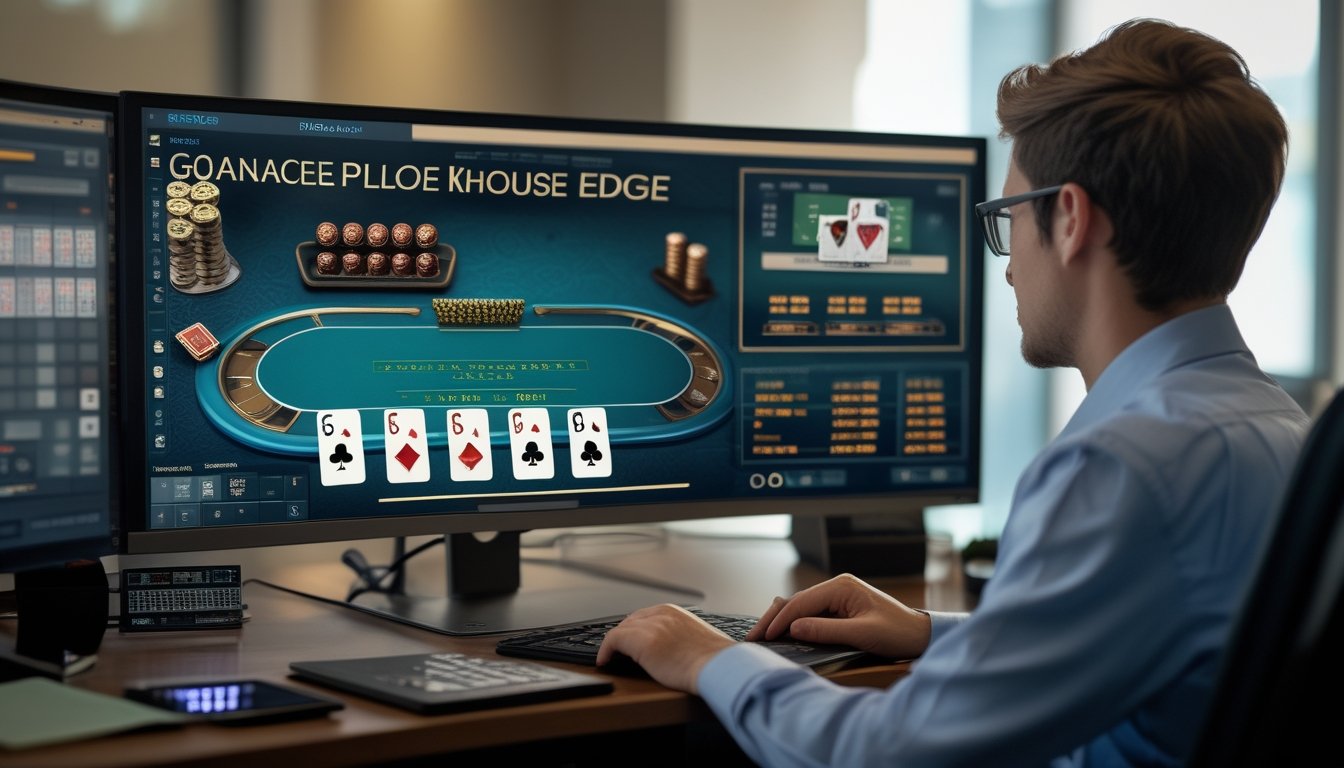 Seorang analis mengamati meja Pai Gow Poker digital dengan kartu, chip, dan grafik statistik di layar komputer.