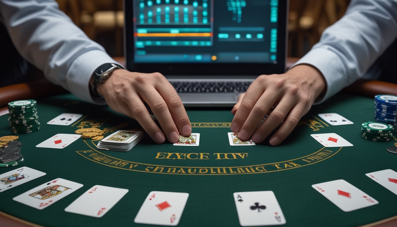 Tangan dealer menyusun tujuh kartu menjadi dua kombinasi tangan di atas meja permainan dengan chip poker dan layar analisis yang buram di latar belakang.