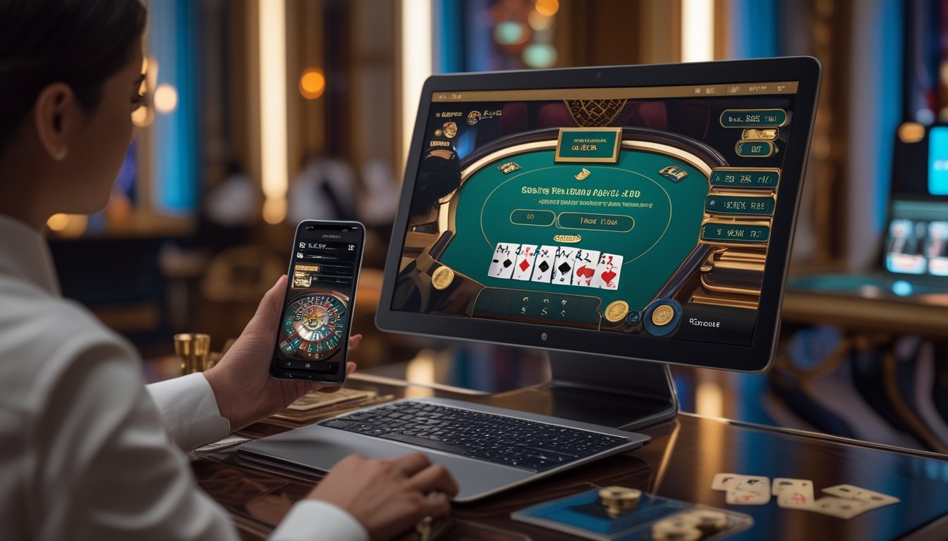 Orang dewasa melihat permainan Pai Gow Poker online di laptop dengan kartu dan chip kasino di meja.
